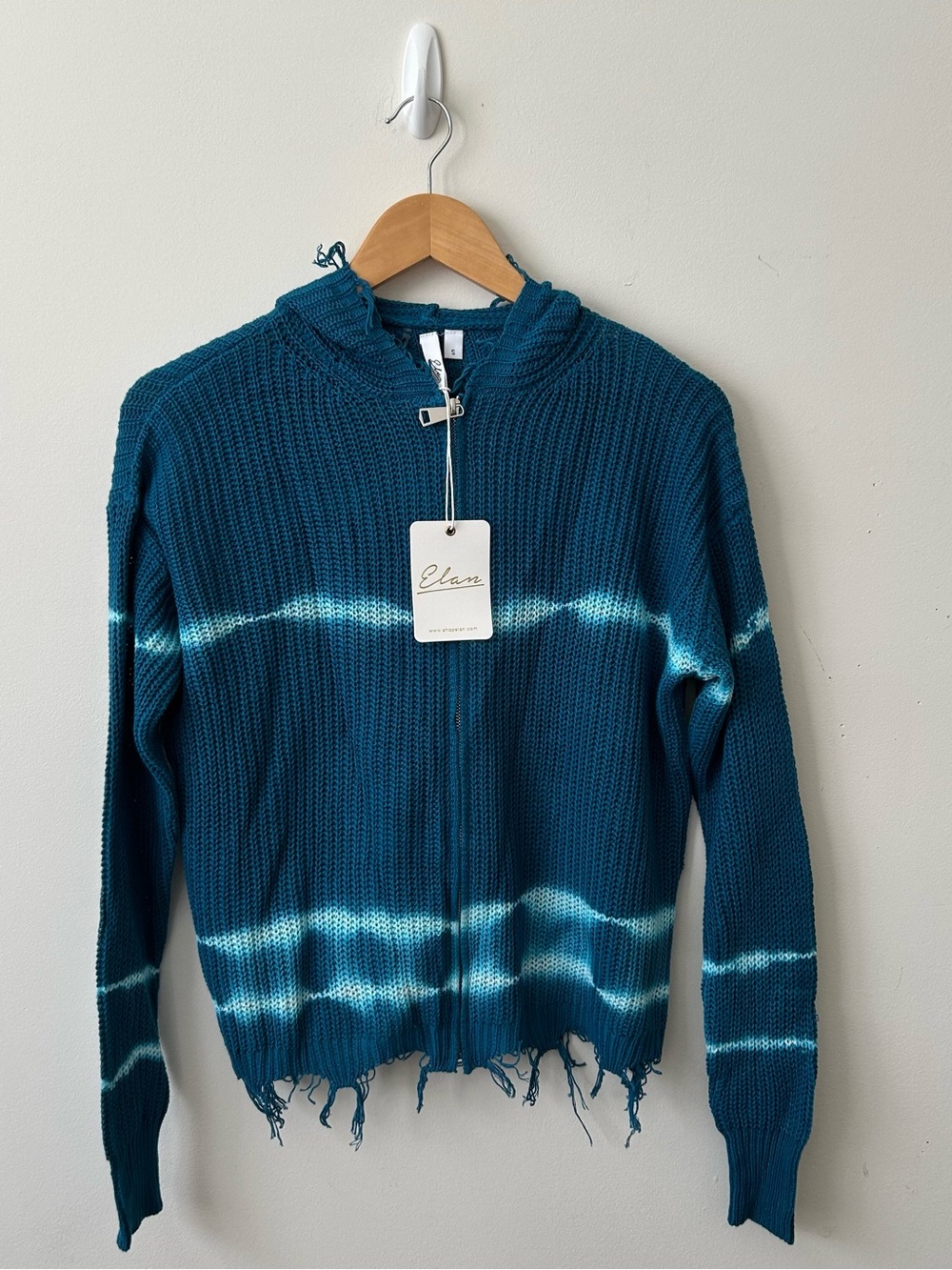 Elan Tie Dye Zip Up Hooded Knit Sweater Teal Blue Small New